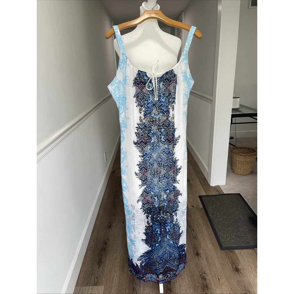 Crochet Maxi Sleeveless Dress Tank Overlay Lined Split Sides Blue Mermaid Sz 12